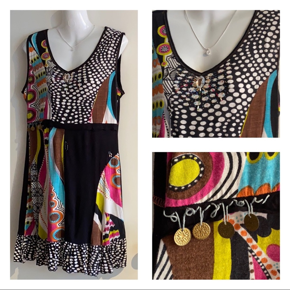 Colorful Dress w/ hanging Coins, Beads & Ruffled Hem!!! Size M